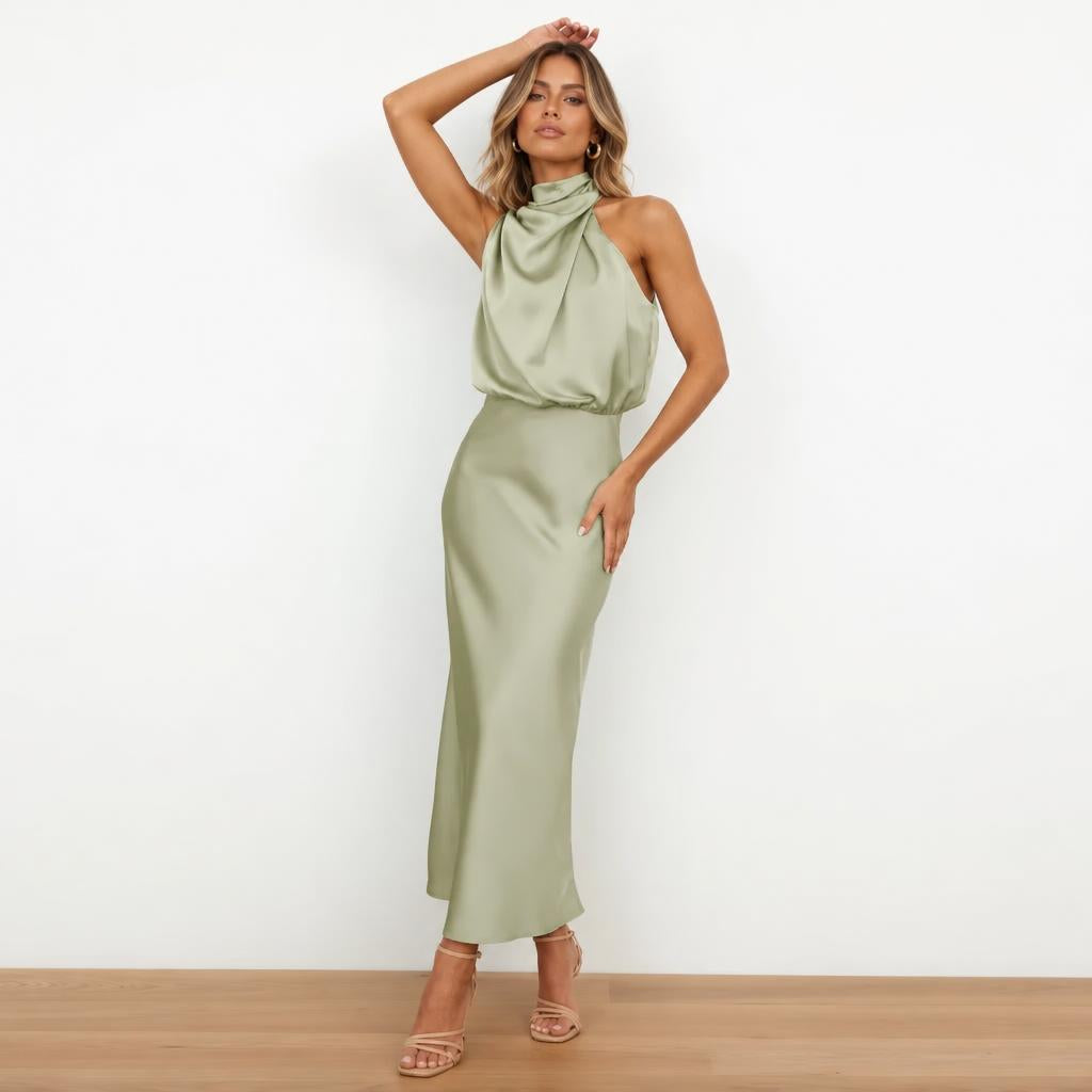 Satin Halter Midi Cocktail Dress for Evening and Formal Occasions - We are MFEO