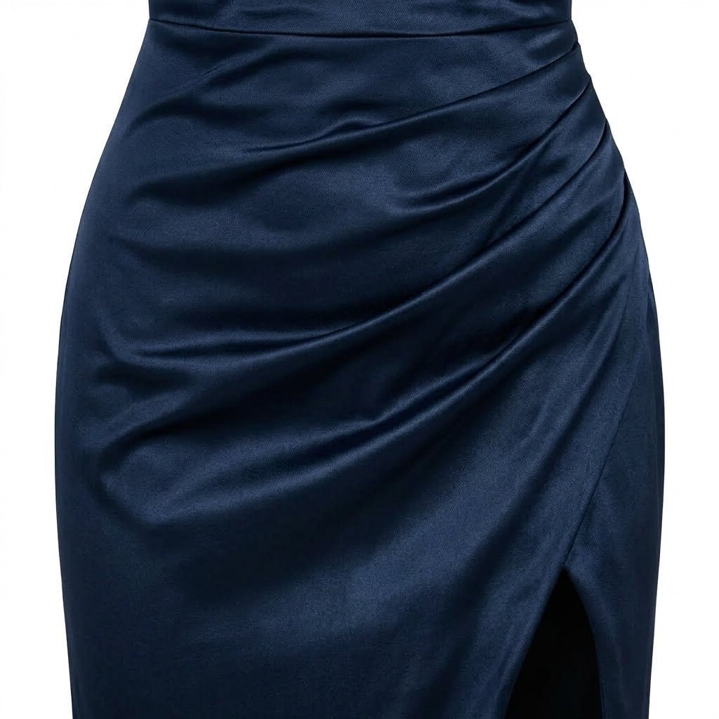 Satin Maxi Dress – Ruched Bodice with Thigh-High Split for Formal Evenings - We are MFEO