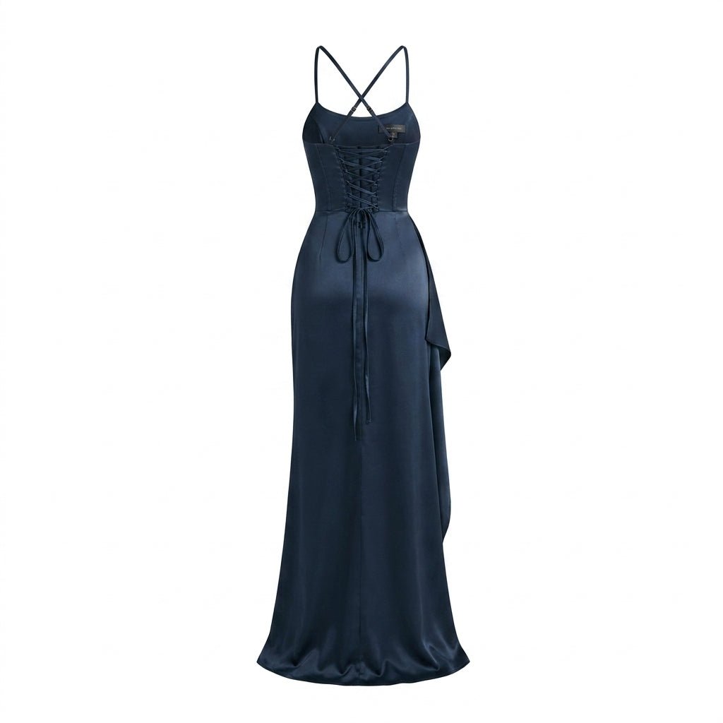 Satin Maxi Dress – Ruched Bodice with Thigh-High Split for Formal Evenings - We are MFEO