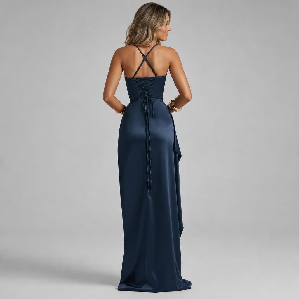 Satin Maxi Dress – Ruched Bodice with Thigh-High Split for Formal Evenings - We are MFEO