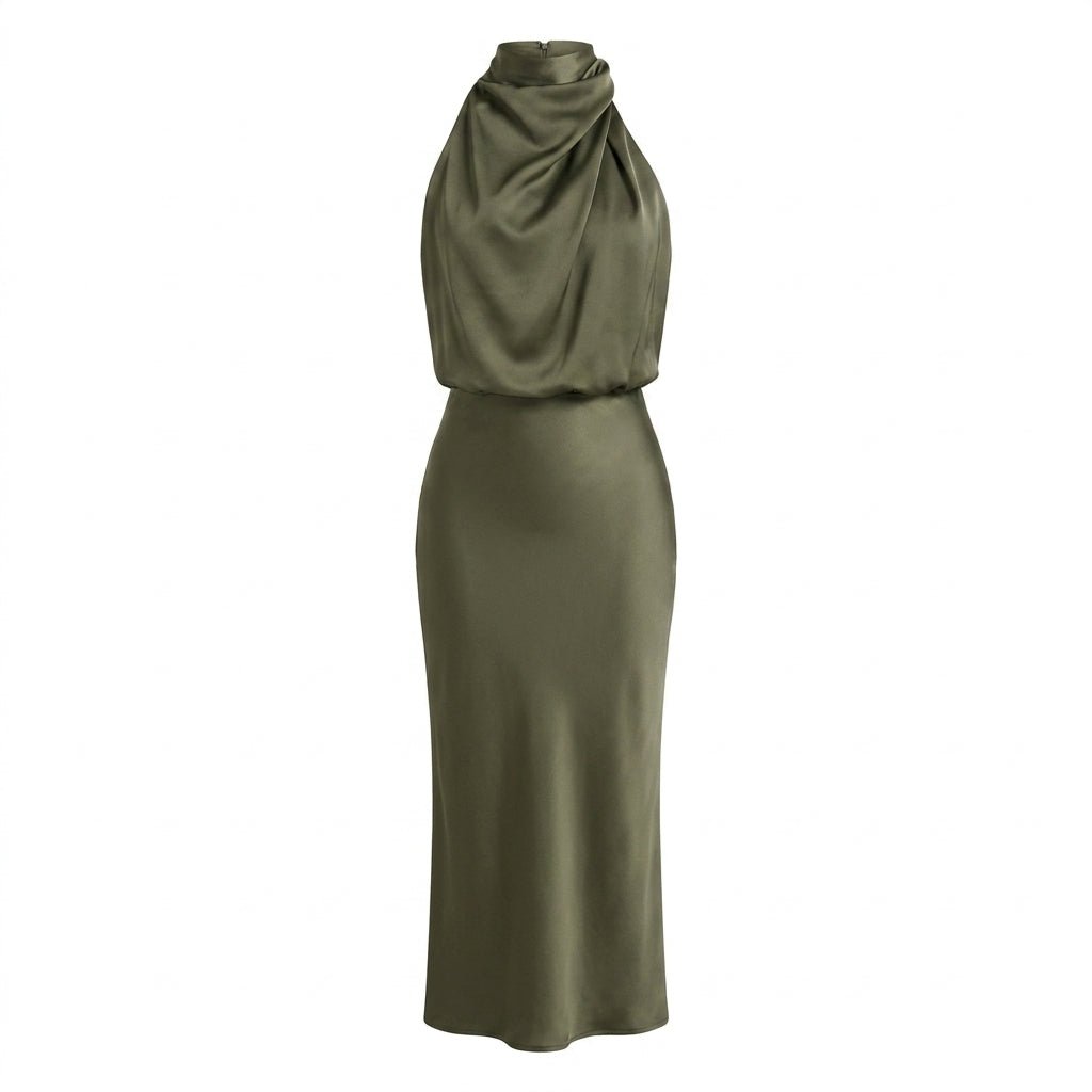 Satin Midi Cocktail Dress with Draped Bodice - We are MFEO