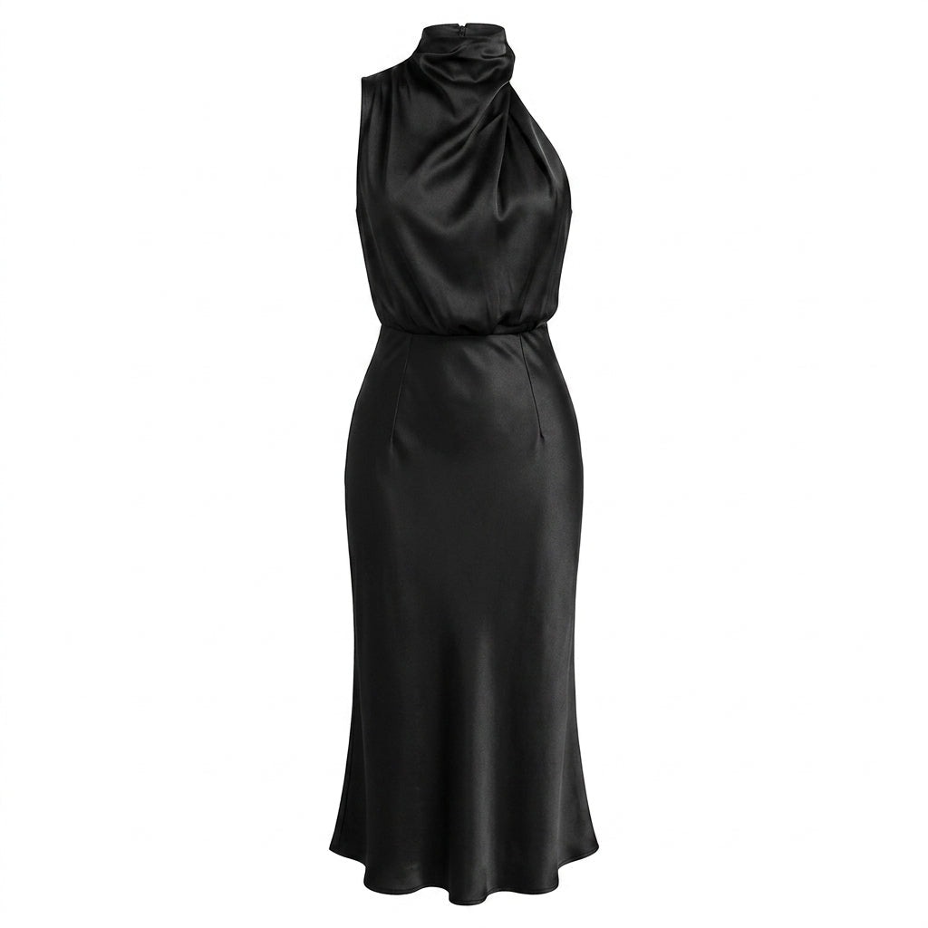 Satin Midi Cocktail Dress with Draped Bodice - We are MFEO