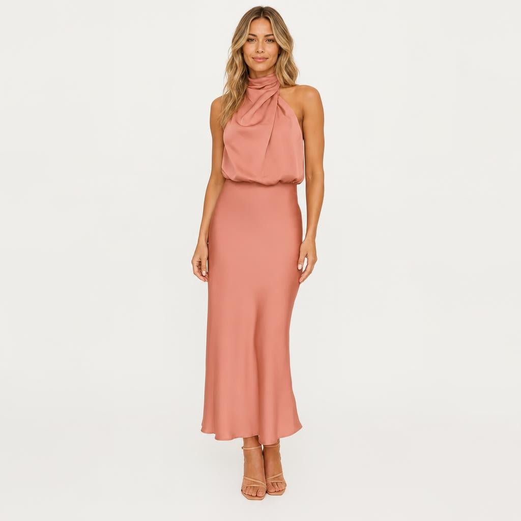 Satin Midi Cocktail Dress with Draped Bodice - We are MFEO