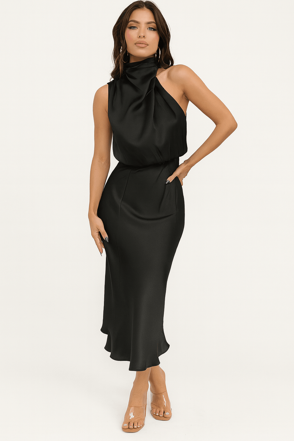 Satin Midi Cocktail Dress with Draped Bodice - We are MFEO