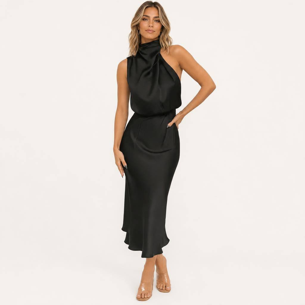 Satin Midi Cocktail Dress with Draped Bodice 1