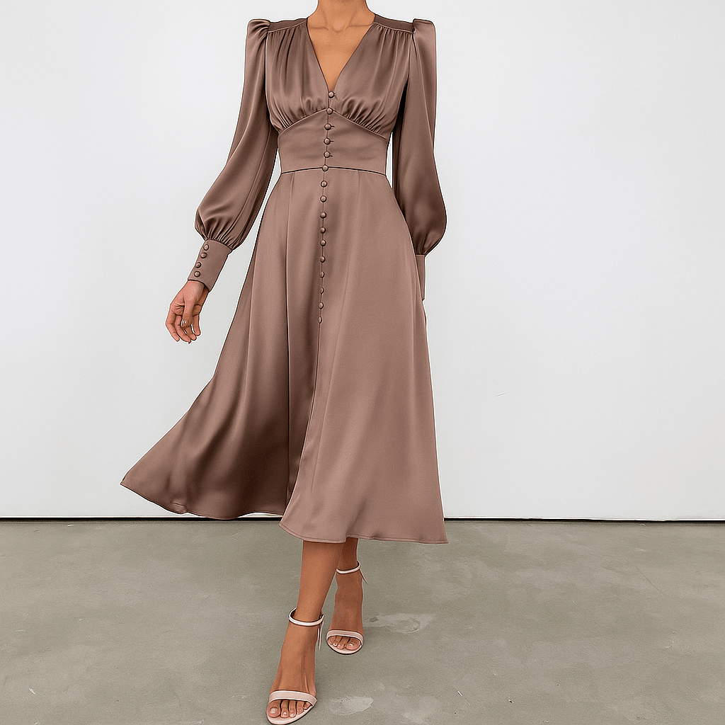 Satin Midi Dress – Button Down Front, Puff Sleeves for Formal Events - We are MFEO
