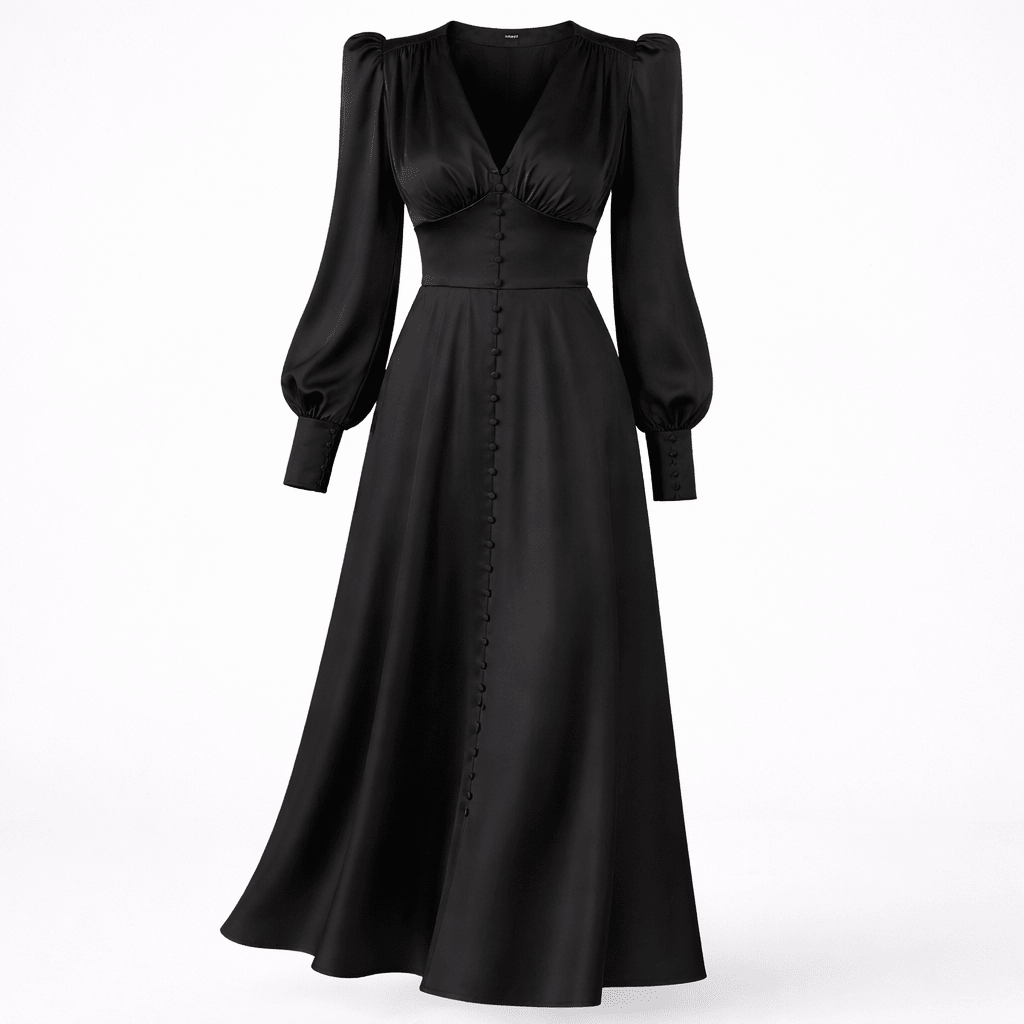 Satin Midi Dress – Button Down Front, Puff Sleeves for Formal Events - We are MFEO