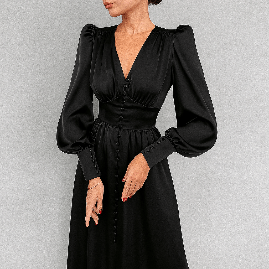 Satin Midi Dress – Button Down Front, Puff Sleeves for Formal Events - We are MFEO