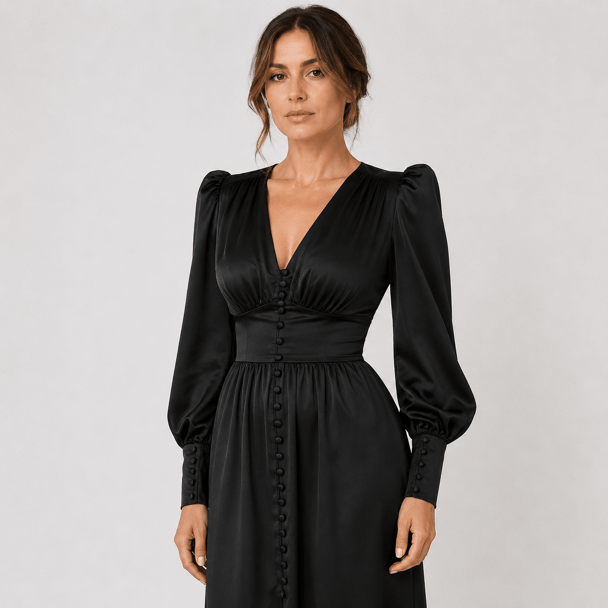 Satin Midi Dress – Button Down Front, Puff Sleeves for Formal Events - We are MFEO