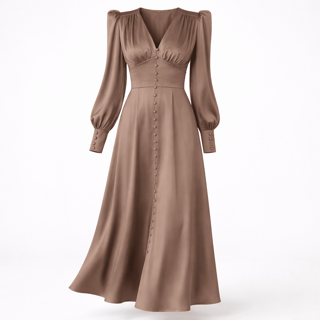 Satin Midi Dress – Button Down Front, Puff Sleeves for Formal Events - We are MFEO
