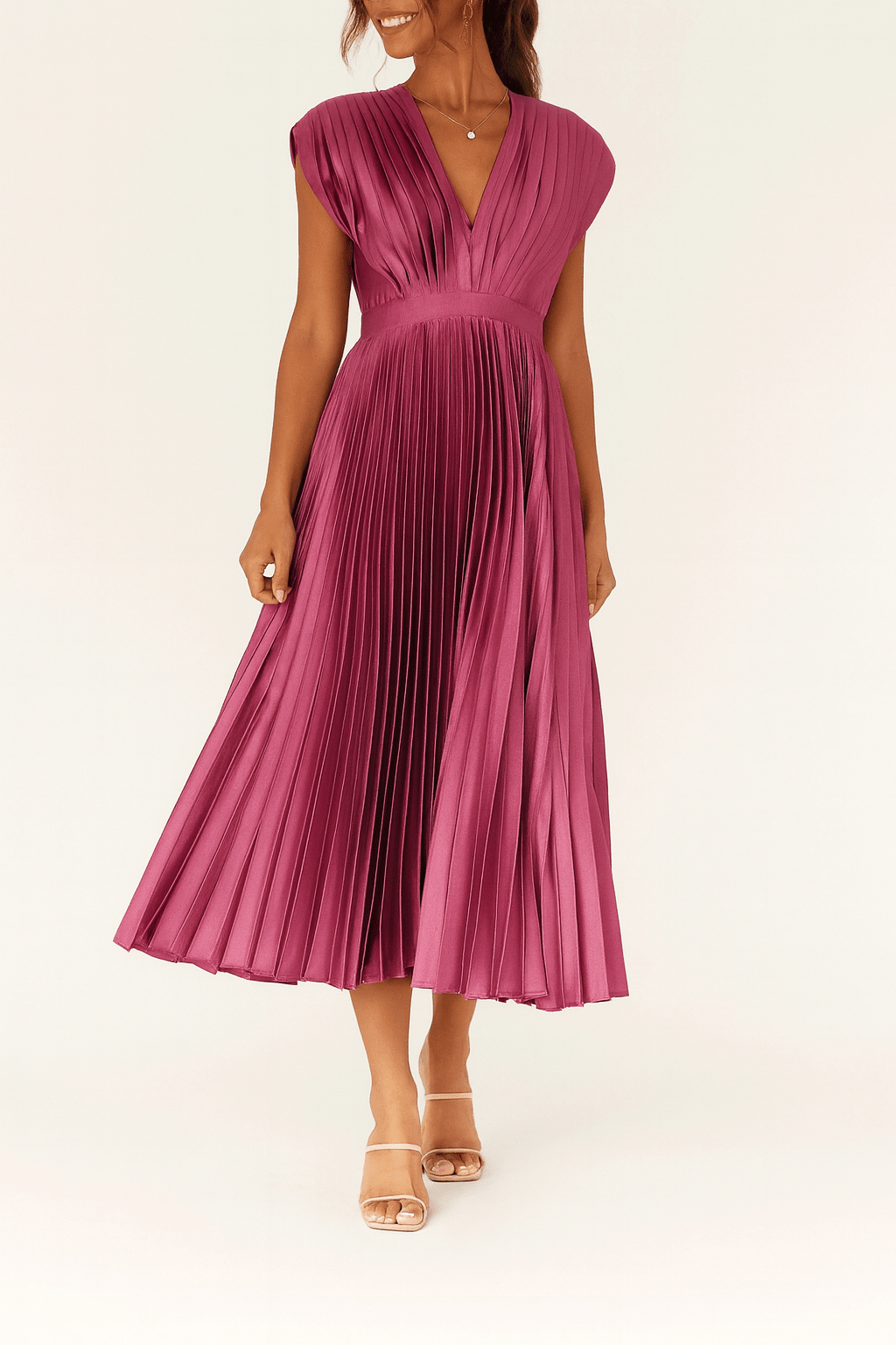 Satin Midi Dress – Pleated, Deep V-Neck, Defined Waist for Evening Wear - We are MFEO