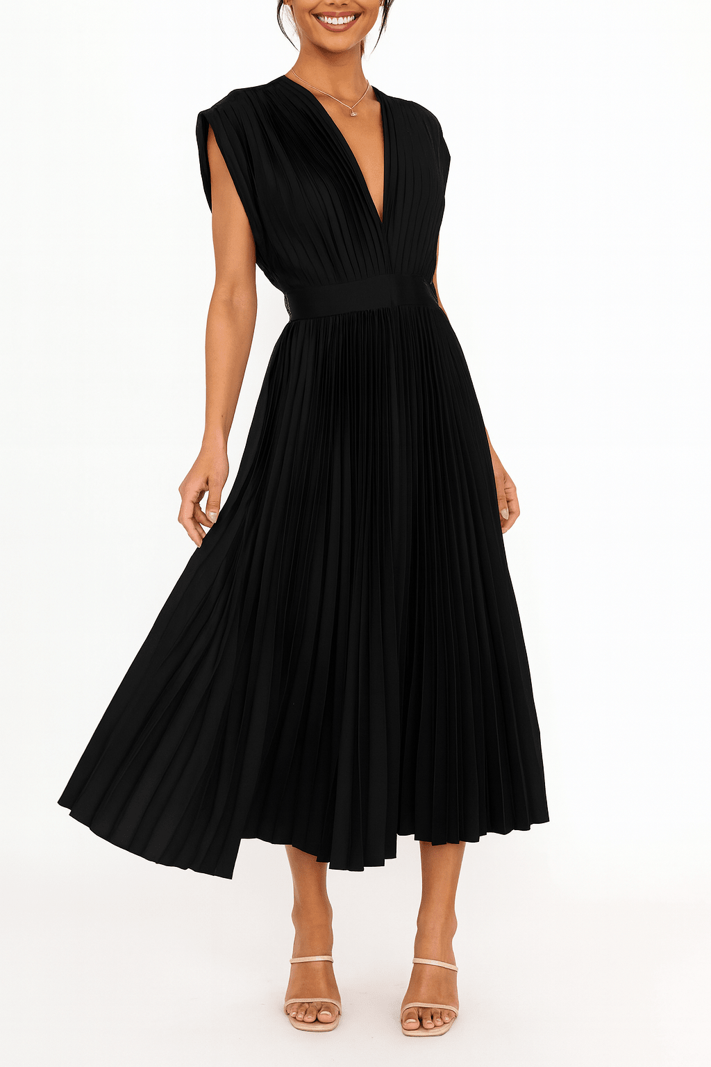 Satin Midi Dress – Pleated, Deep V-Neck, Defined Waist for Evening Wear - We are MFEO