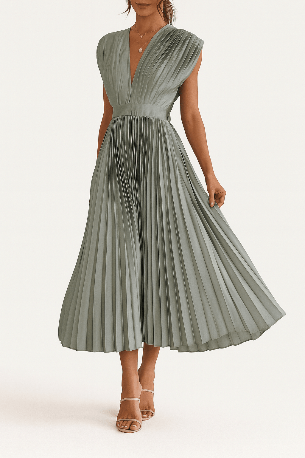 Satin Midi Dress – Pleated, Deep V-Neck, Defined Waist for Evening Wear - We are MFEO