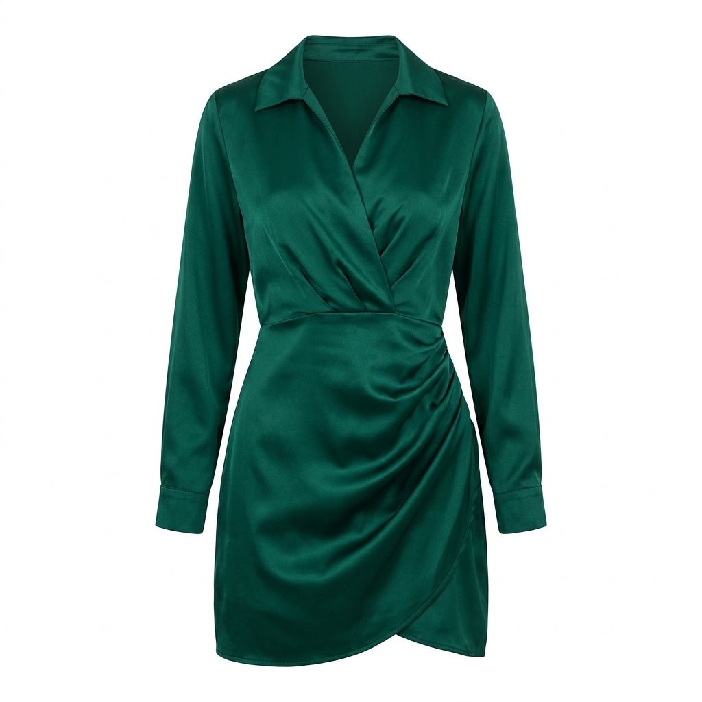 Satin Wrap Mini Dress – Collared V-Neck, Gathered Waist - We are MFEO