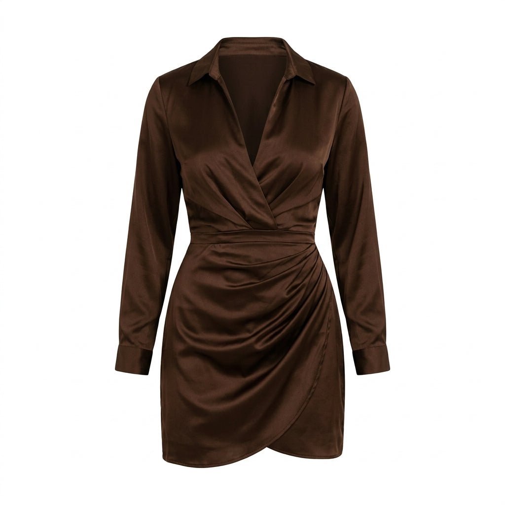 Satin Wrap Mini Dress – Collared V-Neck, Gathered Waist - We are MFEO