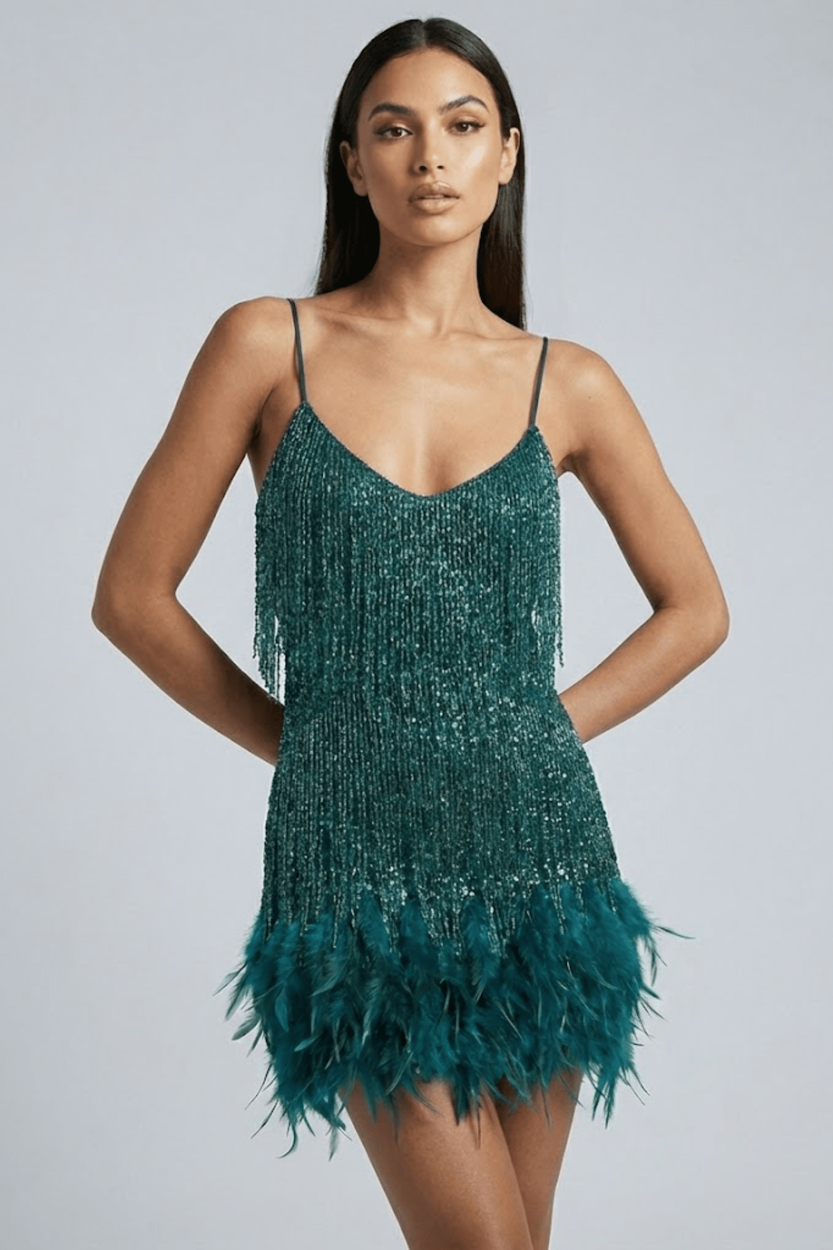 Sequin Cocktail Mini Dress with Feather Trim – Slim Fit - We are MFEO