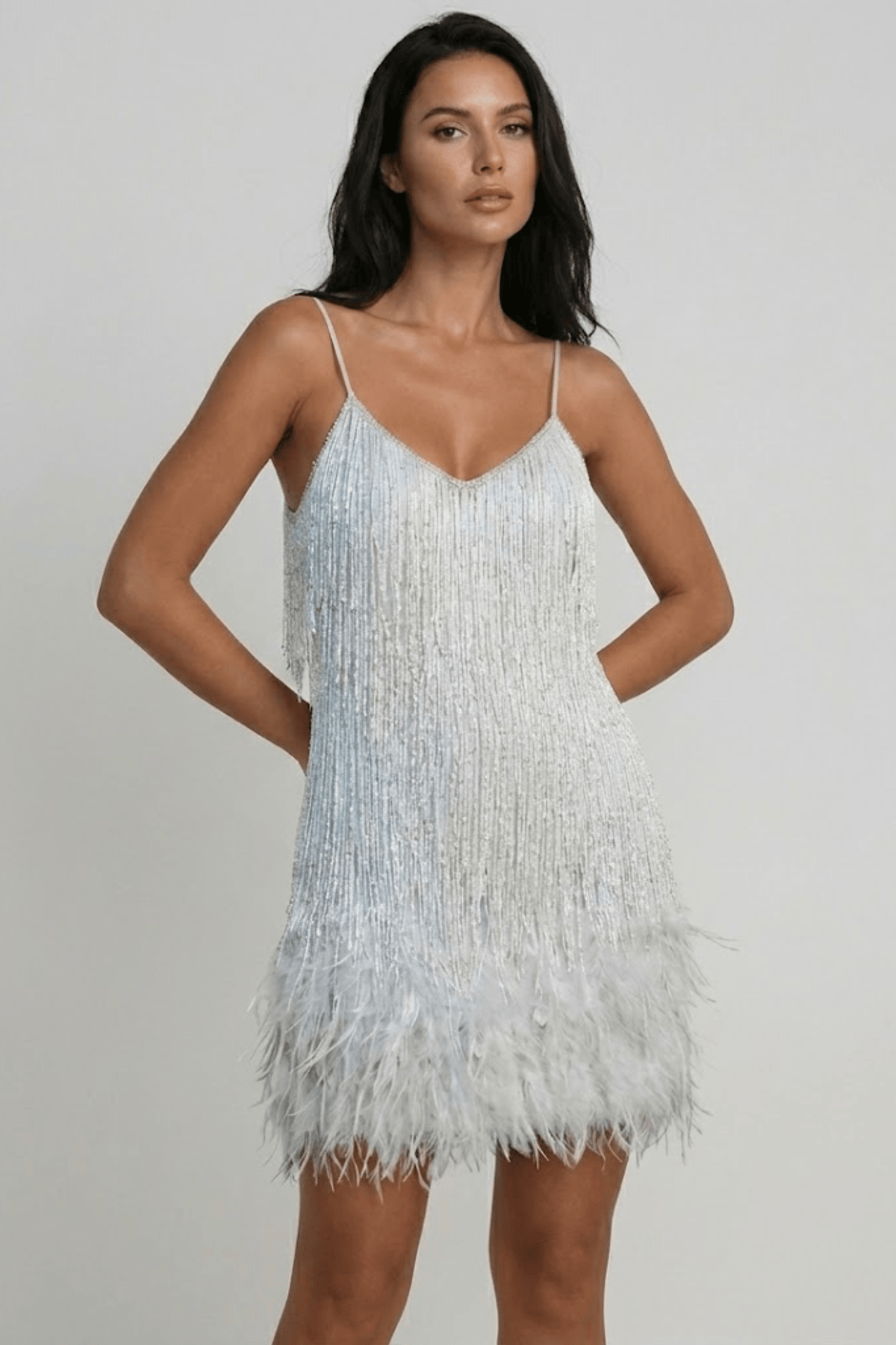 Sequin Cocktail Mini Dress with Feather Trim – Slim Fit - We are MFEO