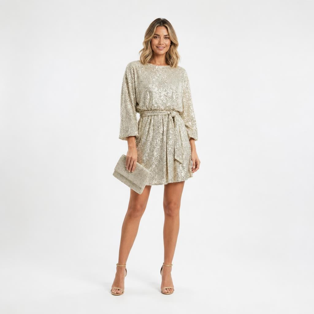 Sequin Mini Dress with Waist Tie – Relaxed Fit Cocktail Dress for Parties 1