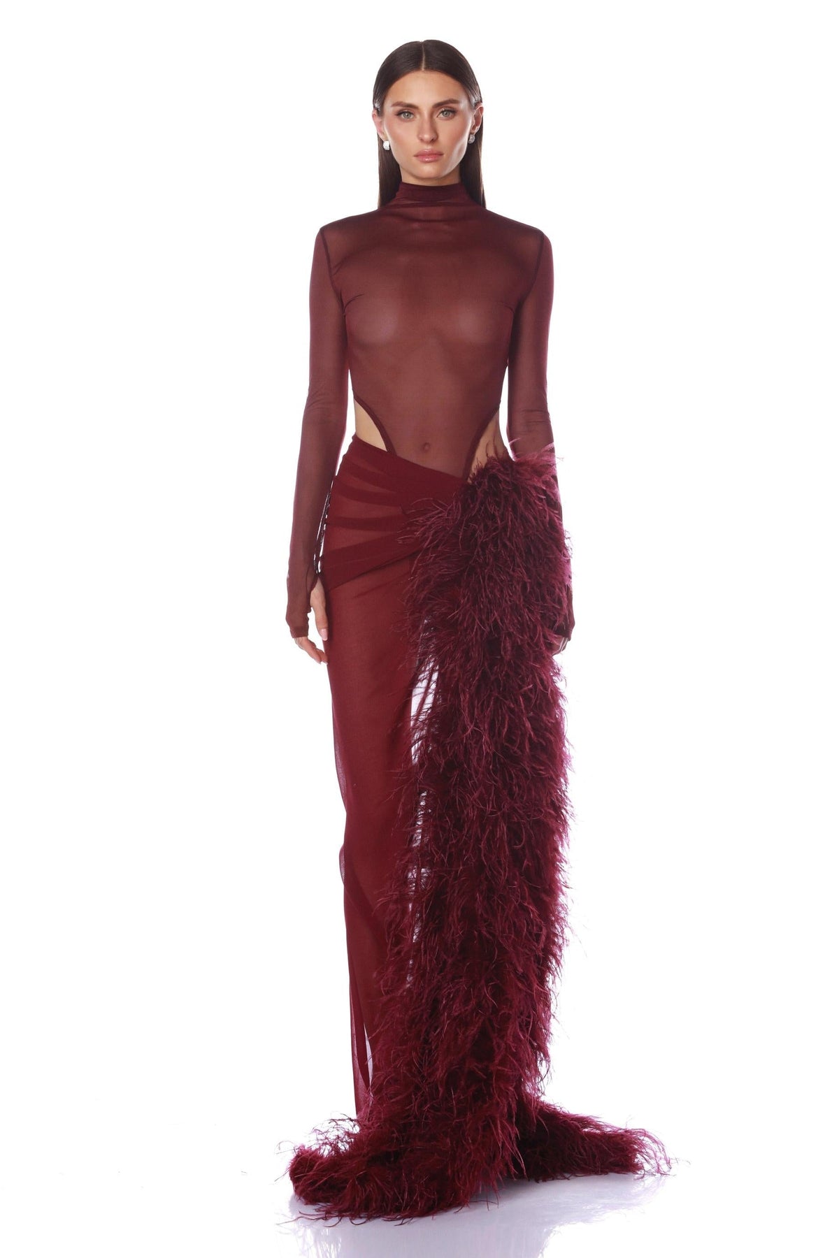 Sheer Bodysuit Maxi Dress Set – Long Sleeve with Feather Trim for Formal Occasions - We are MFEO