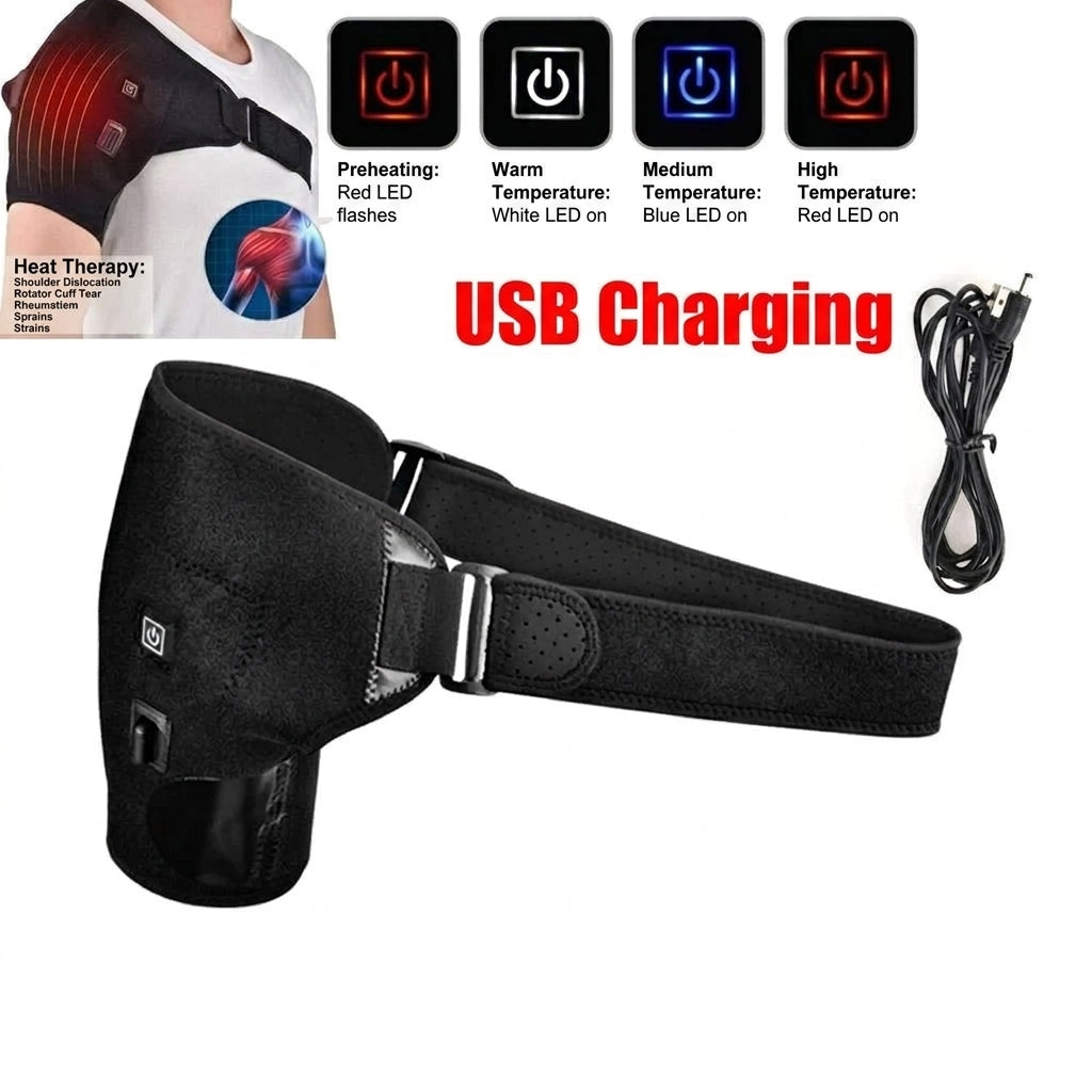 A black heated shoulder brace with a USB charging cable, showing temperature settings indicated by red, white, and blue LED lights.