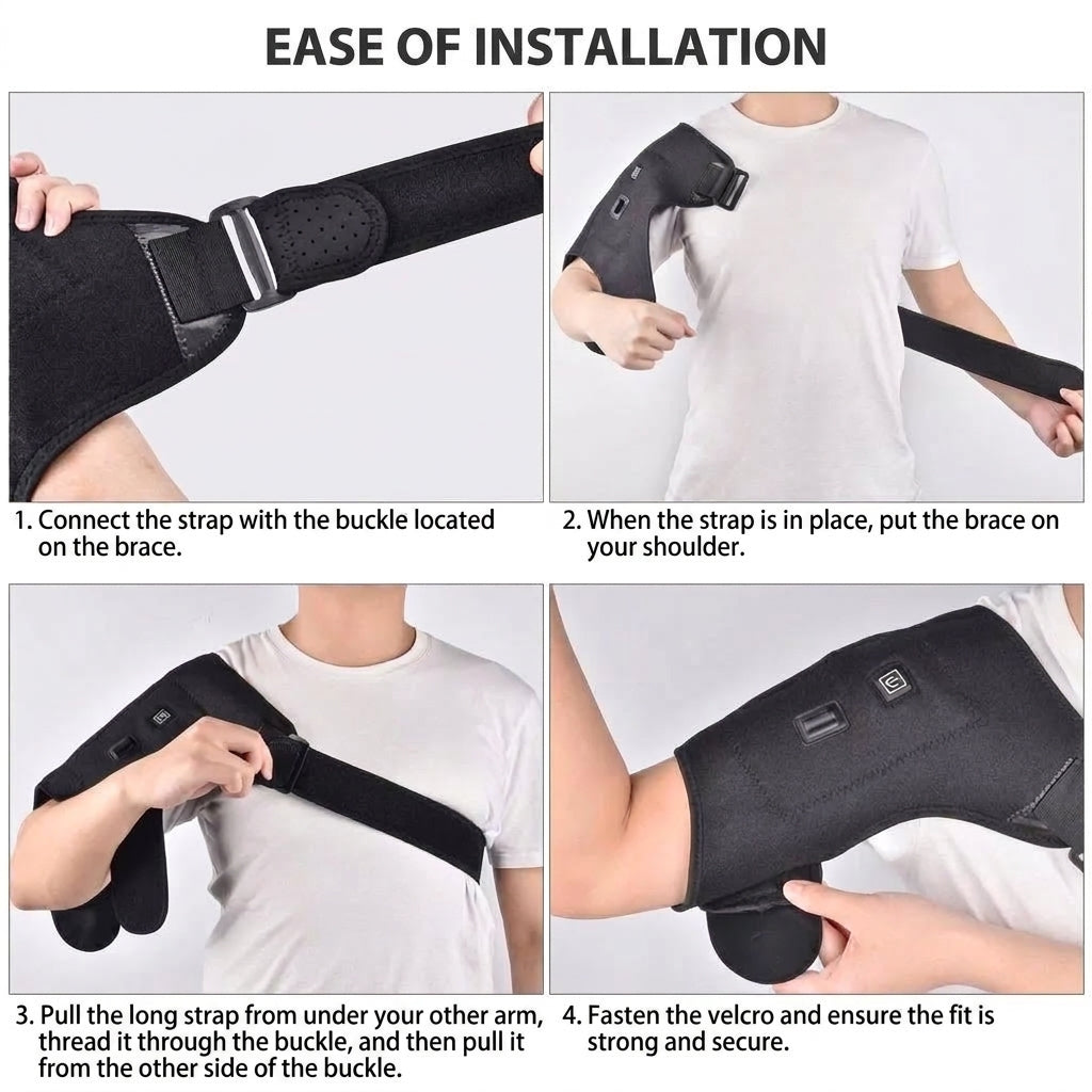 A four-step guide showing how to fit a heated shoulder brace, from attaching the strap to securing the final velcro closure.