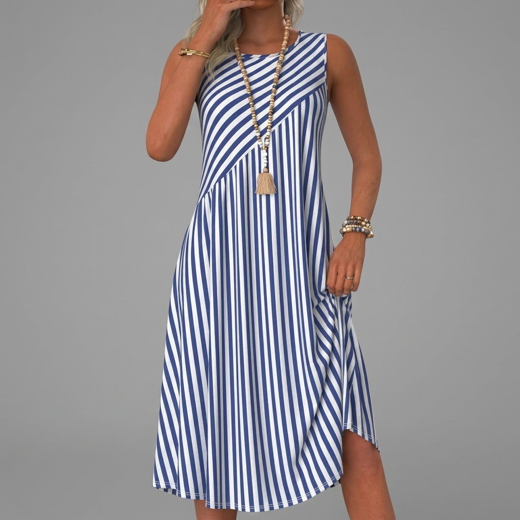Sleeveless Stripe Midi Dress – A-Line Silhouette with Round Neck for Summer
