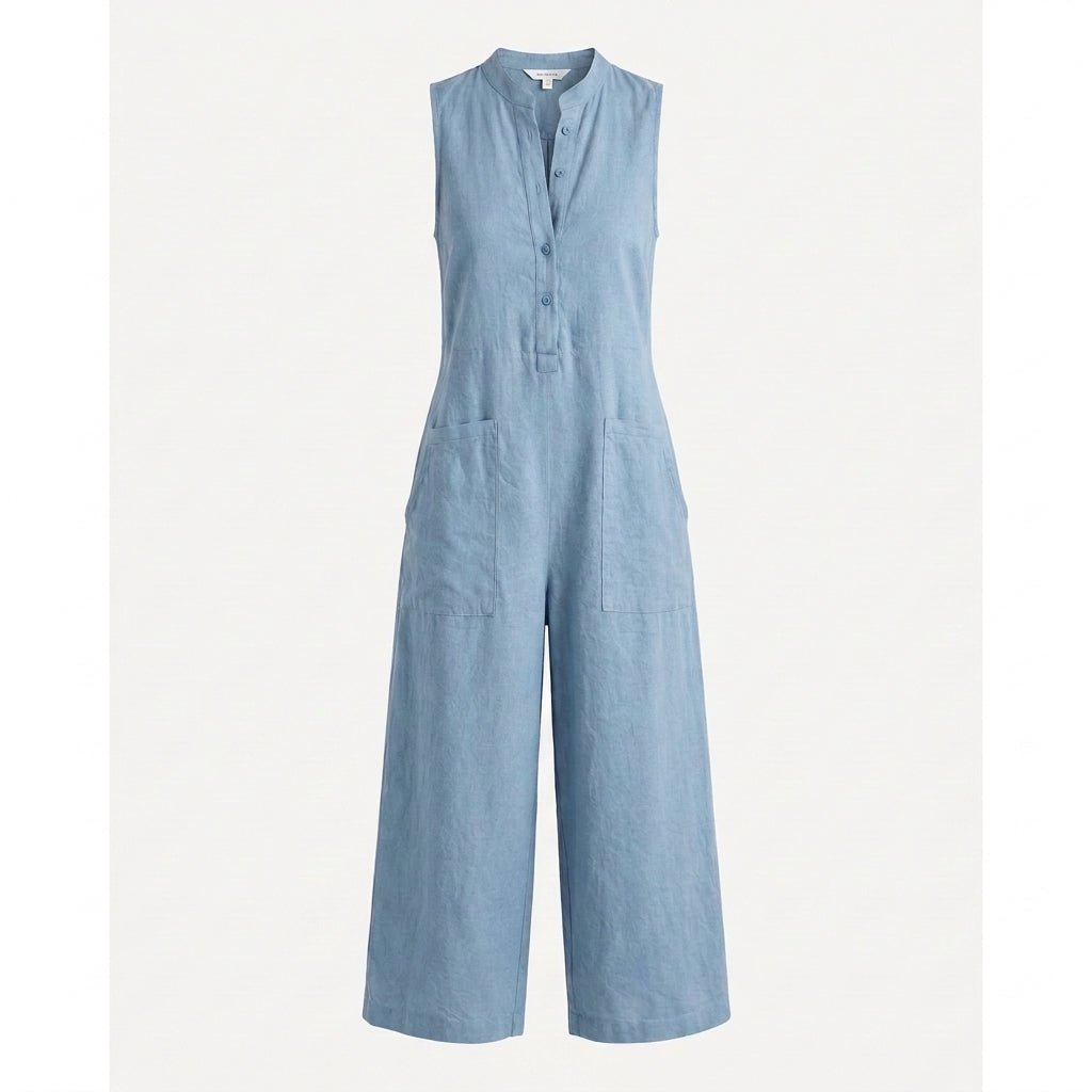 Sleeveless Wide Leg Jumpsuit with Mandarin Collar and Pockets - Summer Casual Outfit - We are MFEO