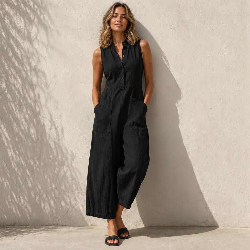 Sleeveless Wide Leg Jumpsuit with Mandarin Collar and Pockets - Summer Casual Outfit - We are MFEO