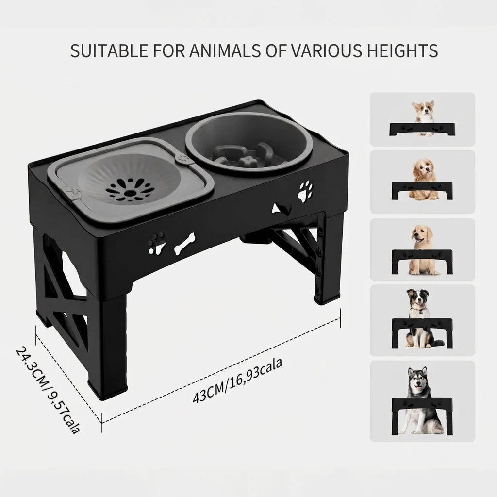 An adjustable elevated dog feeder with two bowls, showing five height settings for different sized dogs.