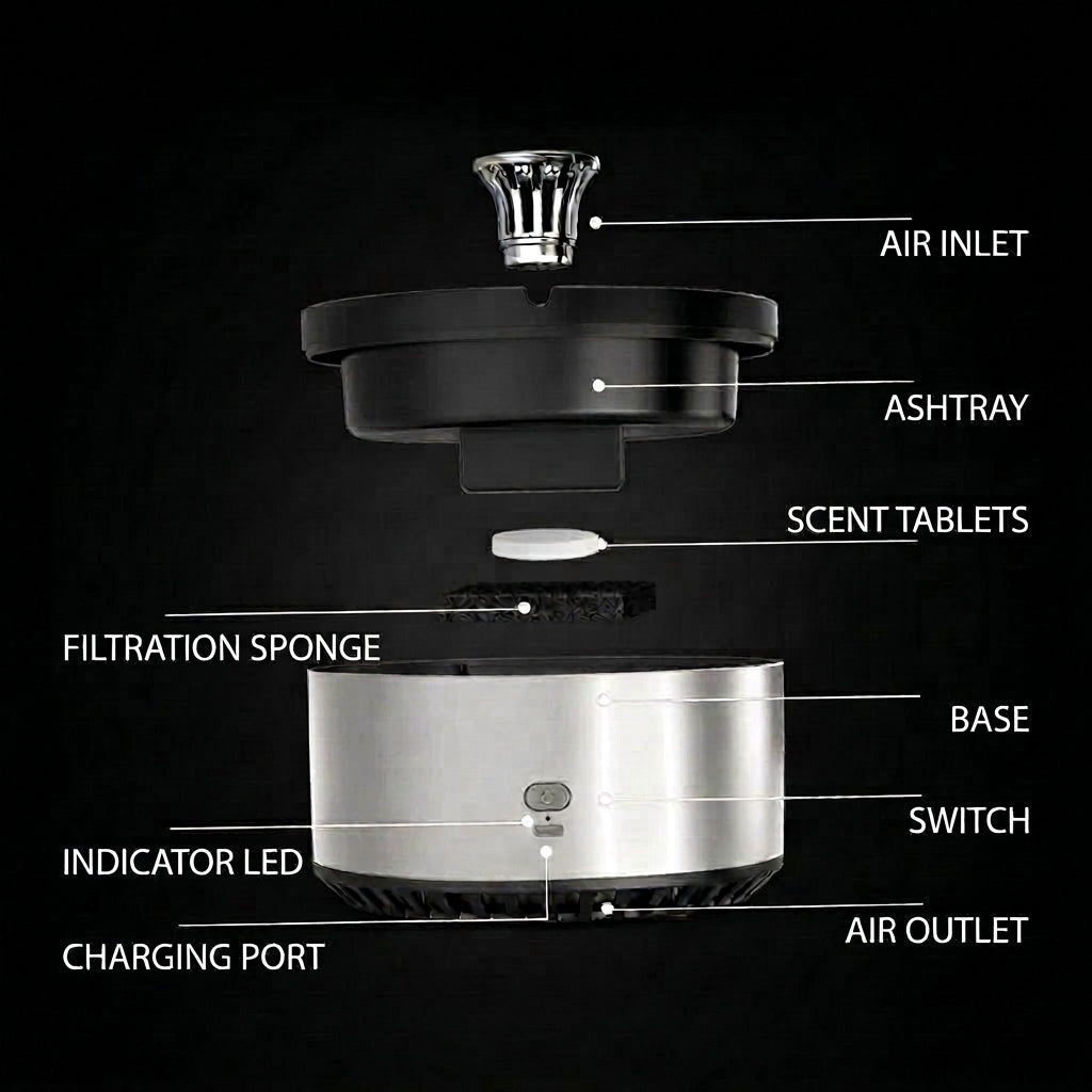 Exploded view diagram of a smokeless ashtray showing its components including the air inlet, filter, base, and charging port.