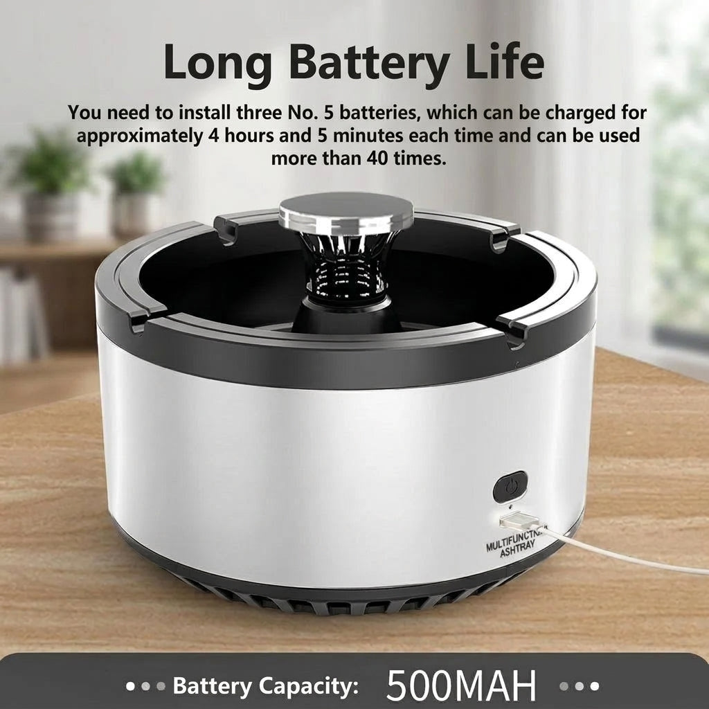 A white and black multifunctional smokeless ashtray being charged via a USB cable, with text detailing battery life.