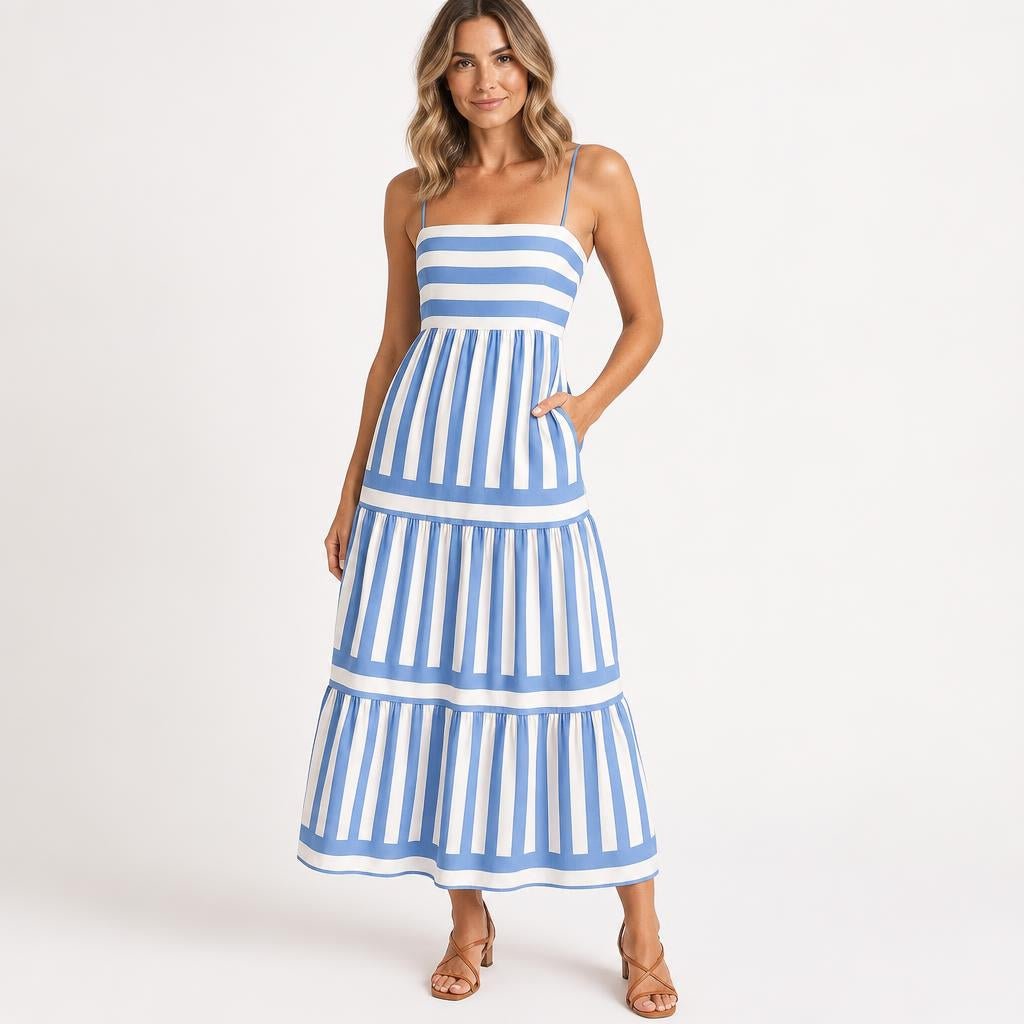Striped Maxi Dress for Summer – Tiered Silhouette with Pockets - We are MFEO