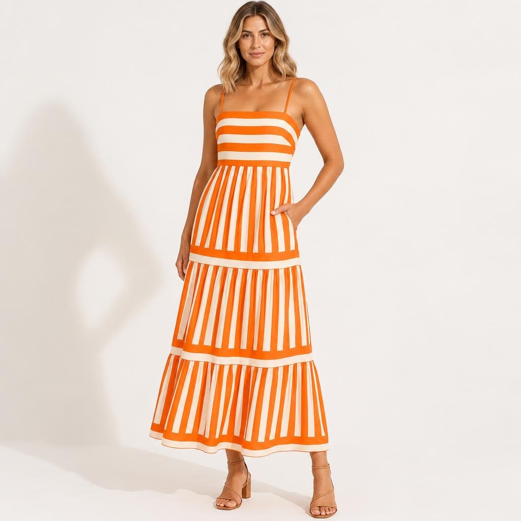 Striped Maxi Dress for Summer – Tiered Silhouette with Pockets - We are MFEO