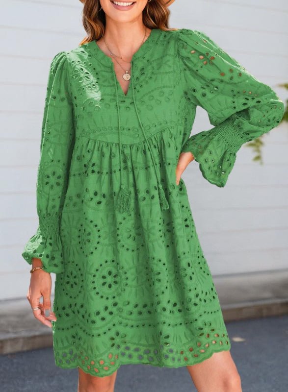 Summer Lace Mini Dress – Long Balloon Sleeves with Tassel Tie Neckline - We are MFEO