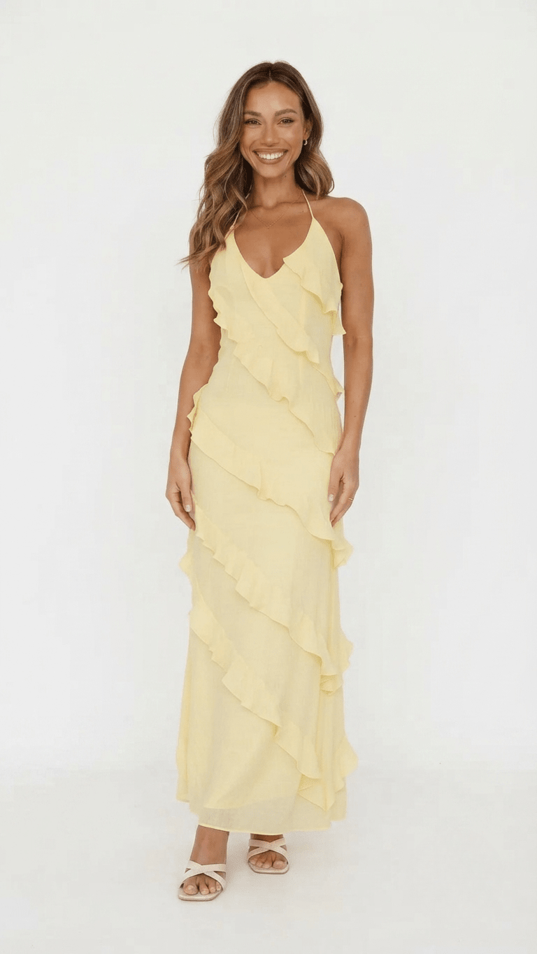Summer Maxi Dress – Lightweight Halter Style with Tiered Ruffles for Cocktail Events - We are MFEO