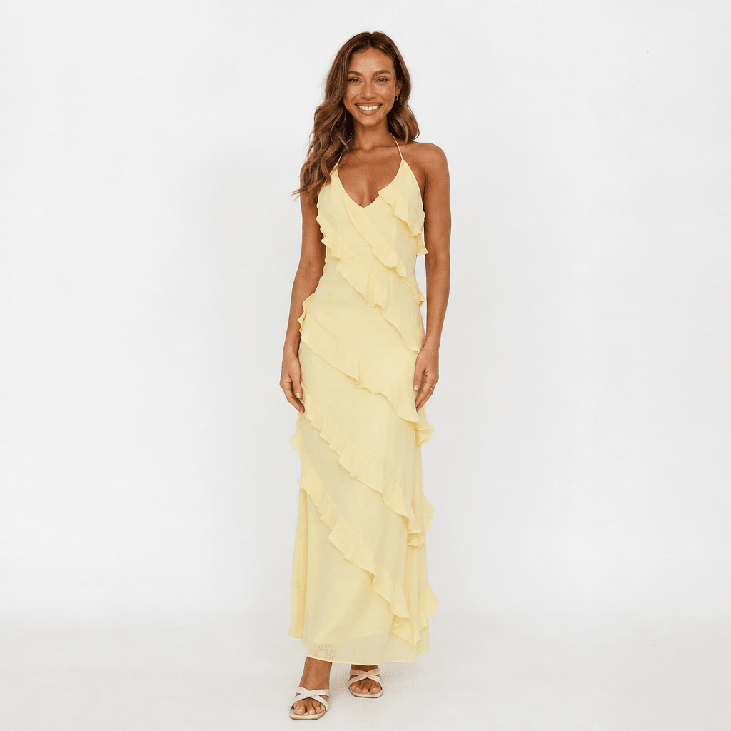 Summer Maxi Dress – Lightweight Halter Style with Tiered Ruffles for Cocktail Events - We are MFEO