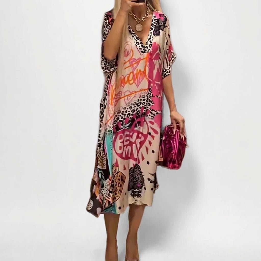 Summer Midi Dress – V-Neck Graphic Print with Relaxed Fit - We are MFEO