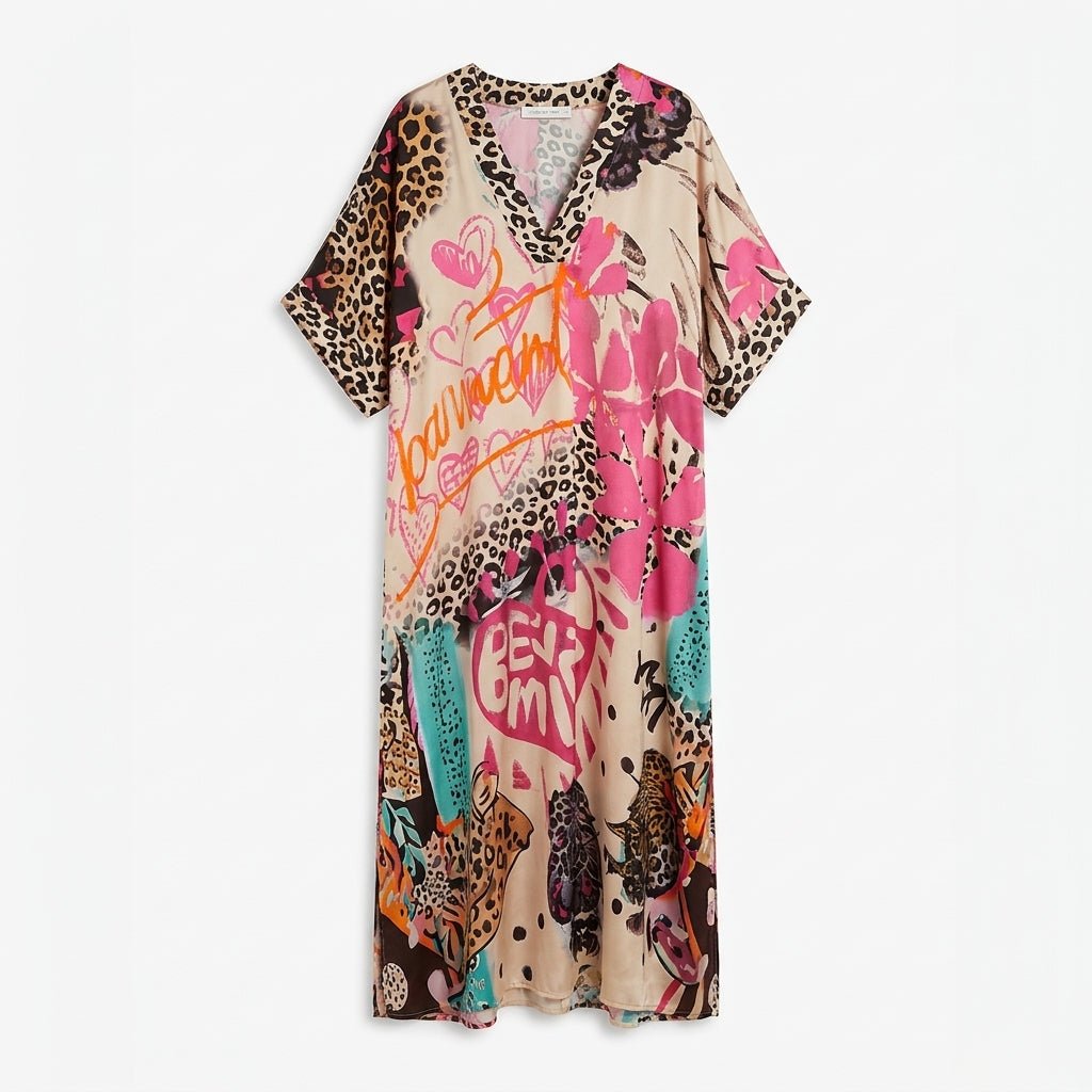 Summer Midi Dress – V-Neck Graphic Print with Relaxed Fit - We are MFEO