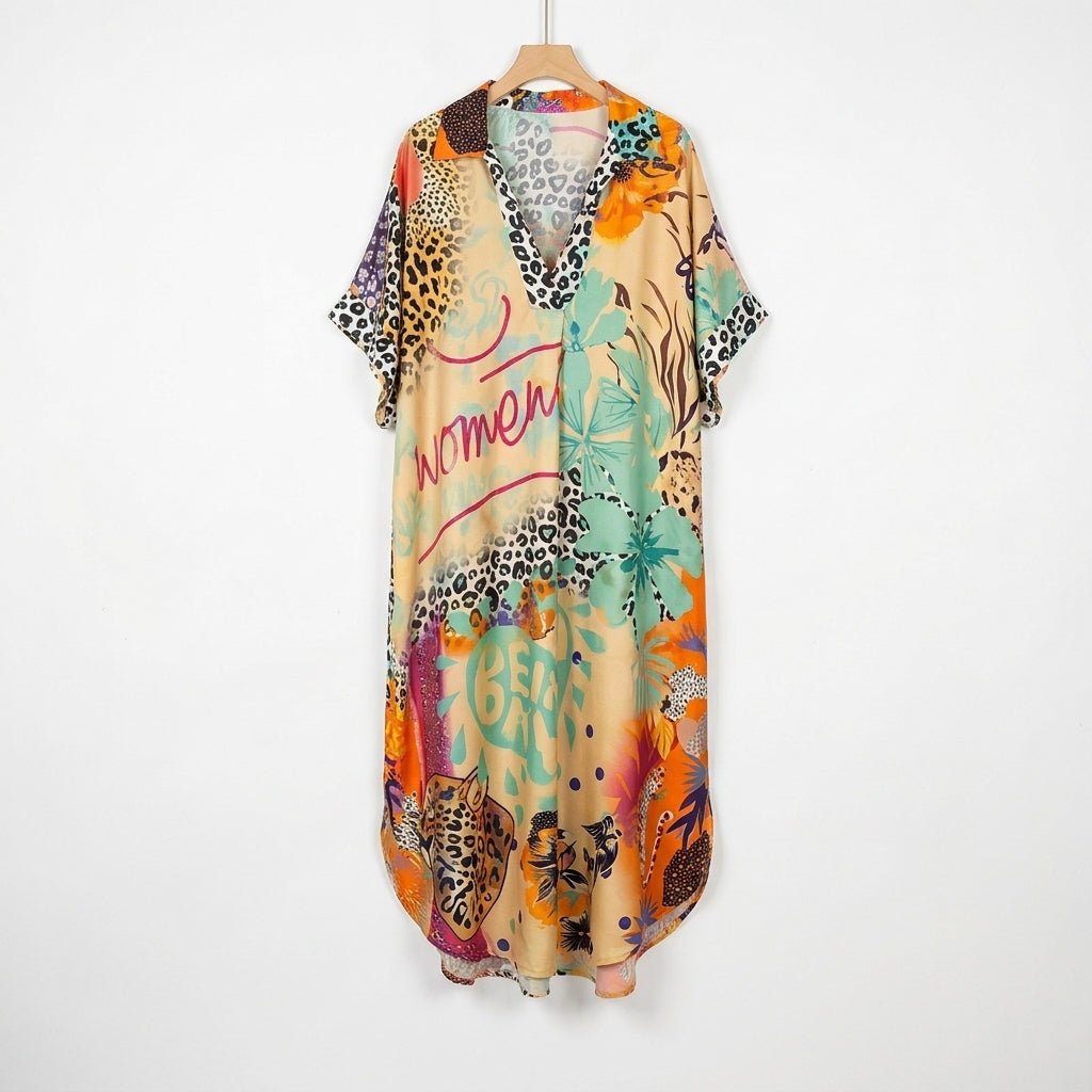 Summer Midi Dress – V-Neck Graphic Print with Relaxed Fit - We are MFEO