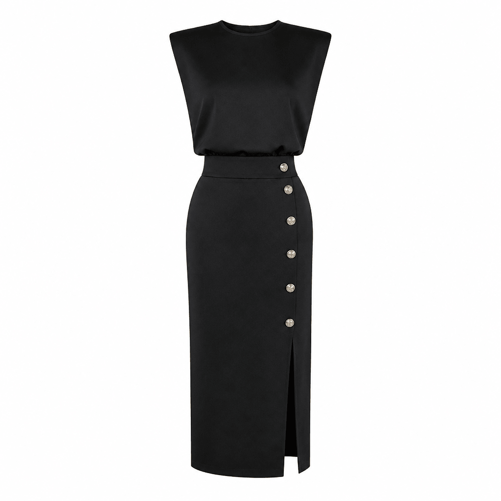 Tailored Midi Office Dress with Structured Shoulders and Side Pockets - We are MFEO