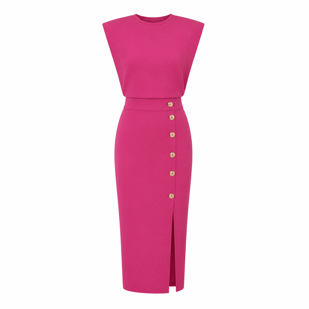 Tailored Midi Office Dress with Structured Shoulders and Side Pockets - We are MFEO