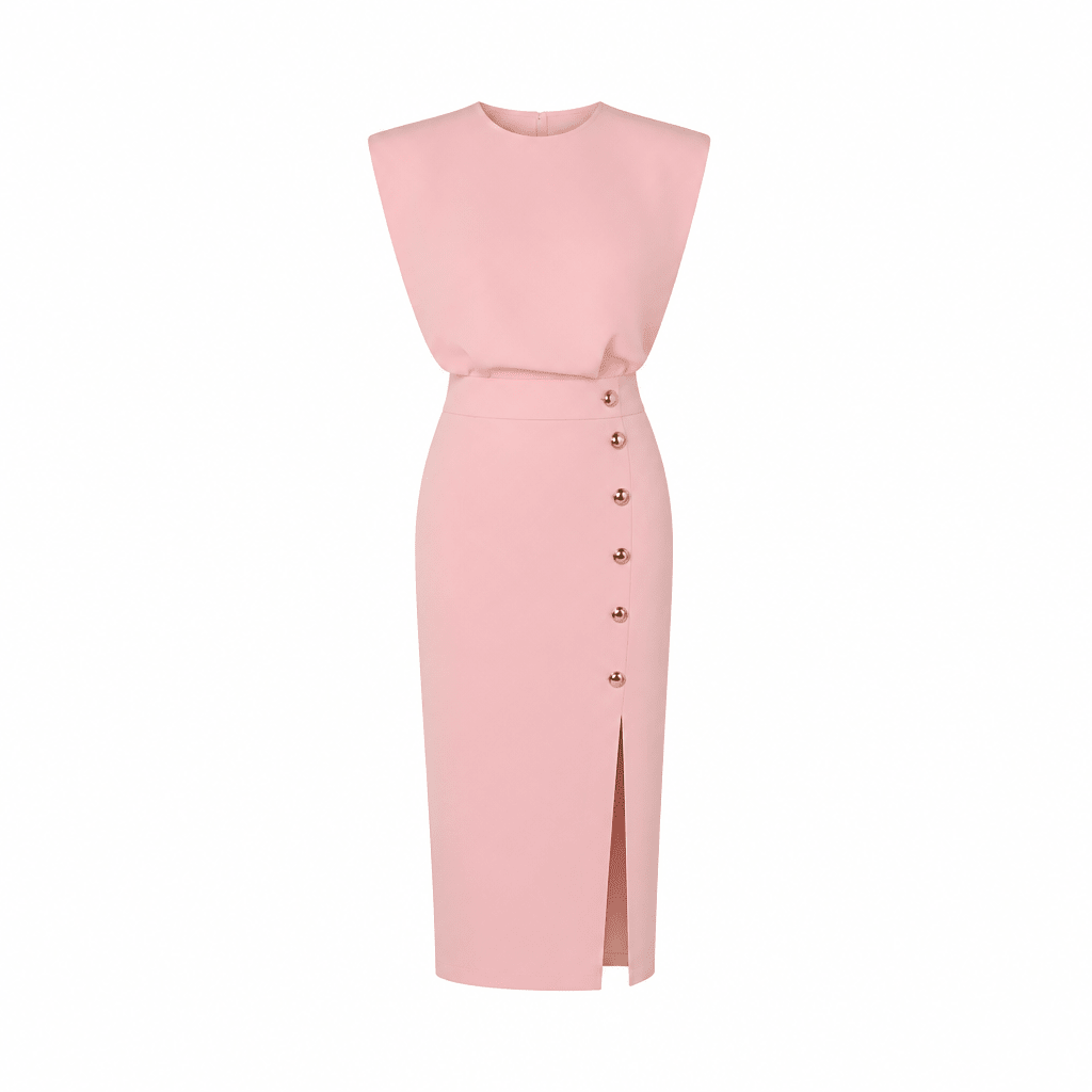 Tailored Midi Office Dress with Structured Shoulders and Side Pockets - We are MFEO