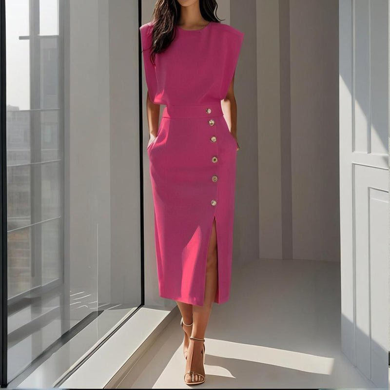 Tailored Midi Office Dress with Structured Shoulders and Side Pockets - We are MFEO