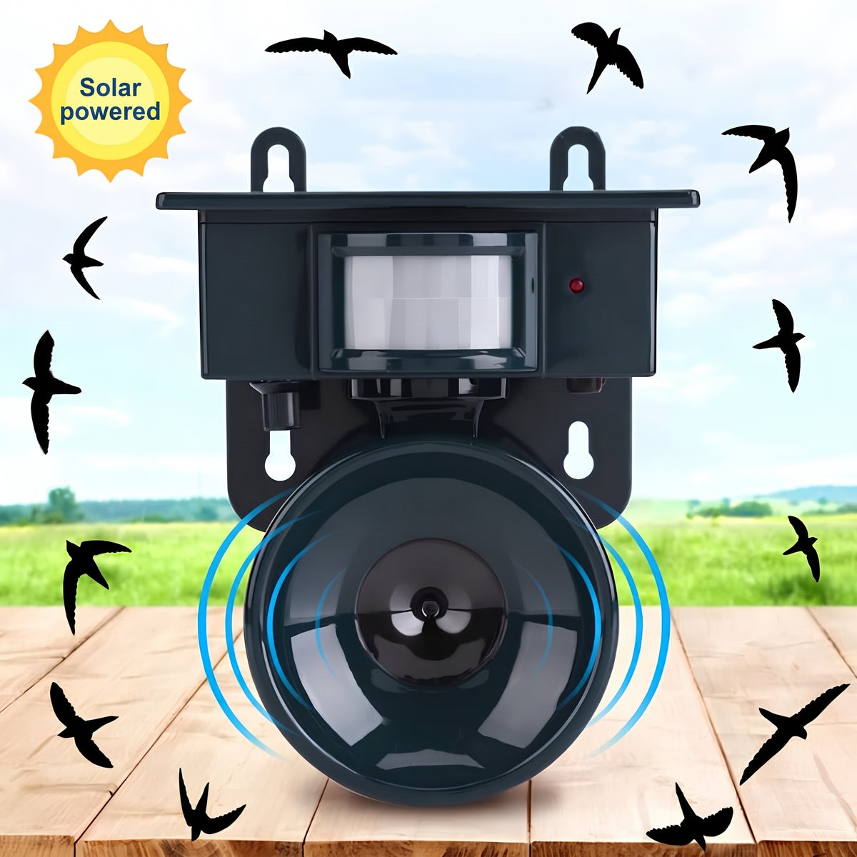 A solar-powered motion-activated bird deterrent device with a speaker, surrounded by silhouettes of flying birds.