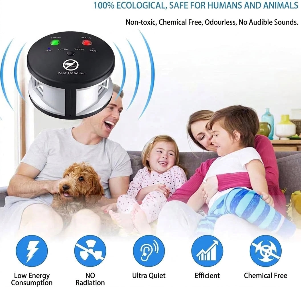A family sits on a sofa with their dog while an ultrasonic pest repeller device is shown in the foreground.