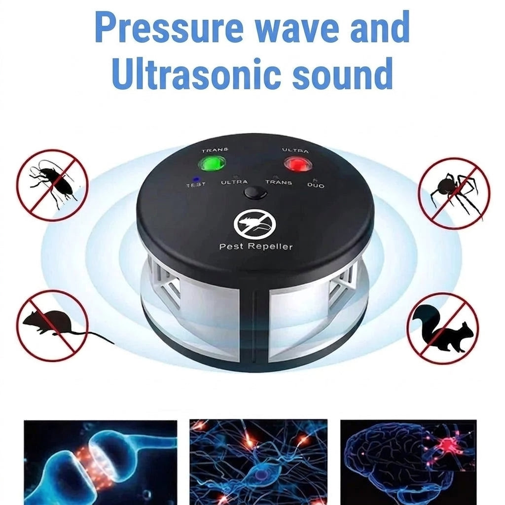 An ultrasonic pest repeller device surrounded by icons of pests it targets, with diagrams of neural activity below.