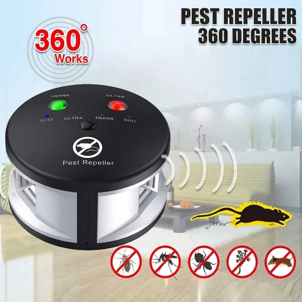 A 360-degree ultrasonic pest repeller device with indicator lights and icons showing protection against various household pests.