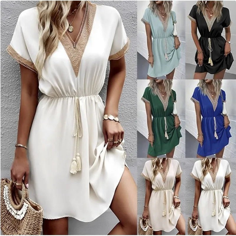 V-Neck Boho Dress for Summer with Adjustable Waist Tie (Plus Sizes Available) - We are MFEO