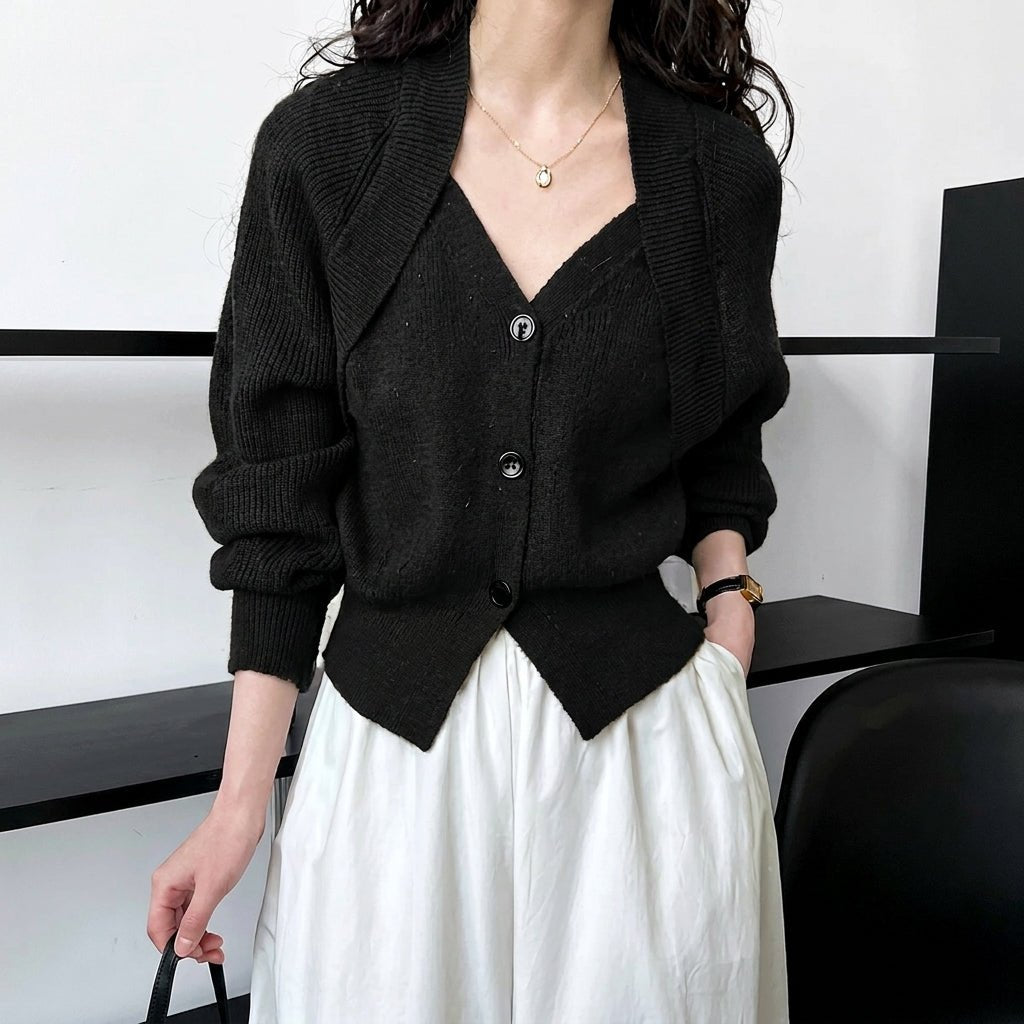 V-Neck Button Knit Sweater for Women – Cozy Patchwork Design for Colder Days - We are MFEO