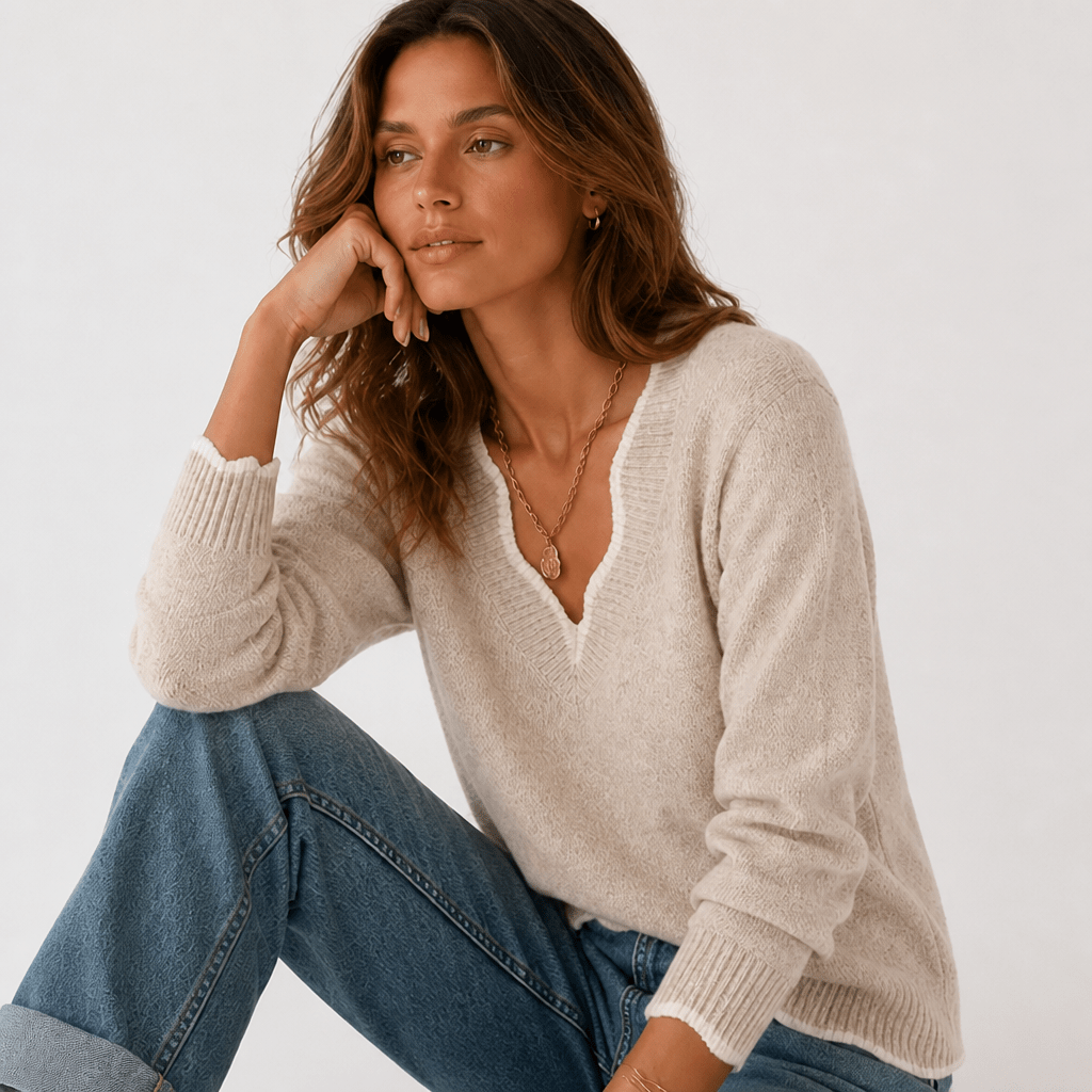 V-Neck Long Sleeve Sweater for Women – Lightweight Cotton Blend, Loose Fit for Autumn and Winter - We are MFEO